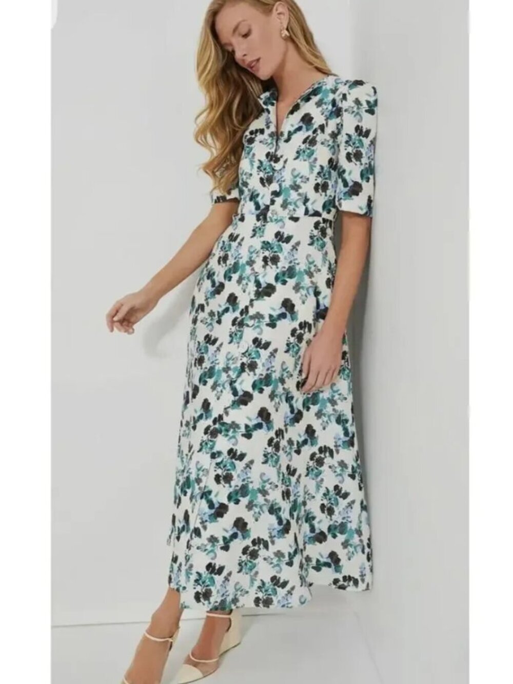 NWT TUCKERNUCK Budding Bluebell Hadley Linen Midi Dress Cream Green Floral Sz L